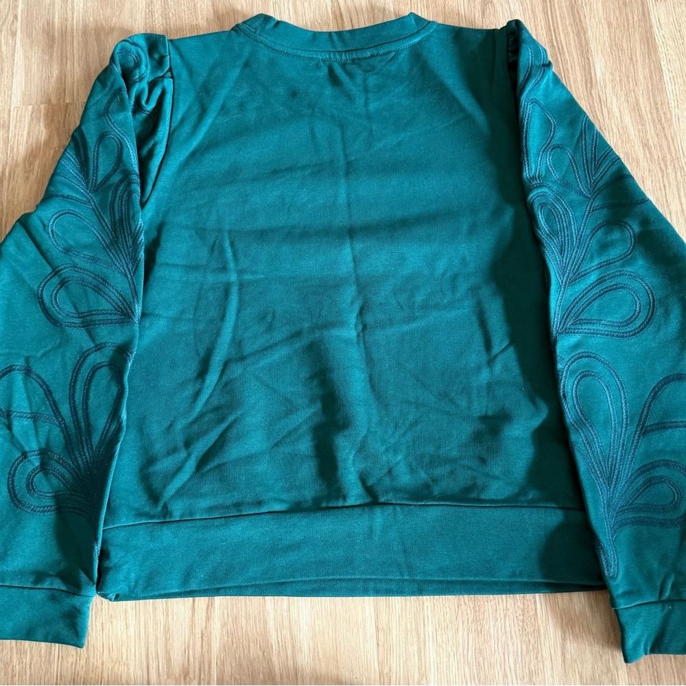 Indigo Thread Co Elegant Green Sweater with Embroidered Sleeves